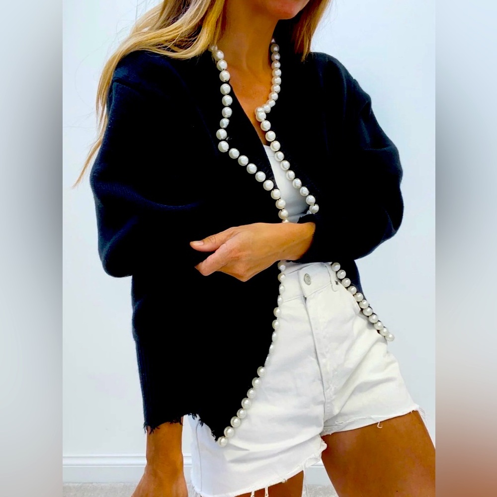 🆕#11~COMMENSE Pearl Trim Ripped Hem Cardigan in Black Size~XL